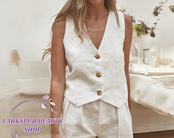 Knopfweste und breite Hose, Leinenweste und Hosen Set, Frauen Leinenanzug Set, Leinen formale Weste, elegantes zweiteiliges Set, Büroanzug Set
