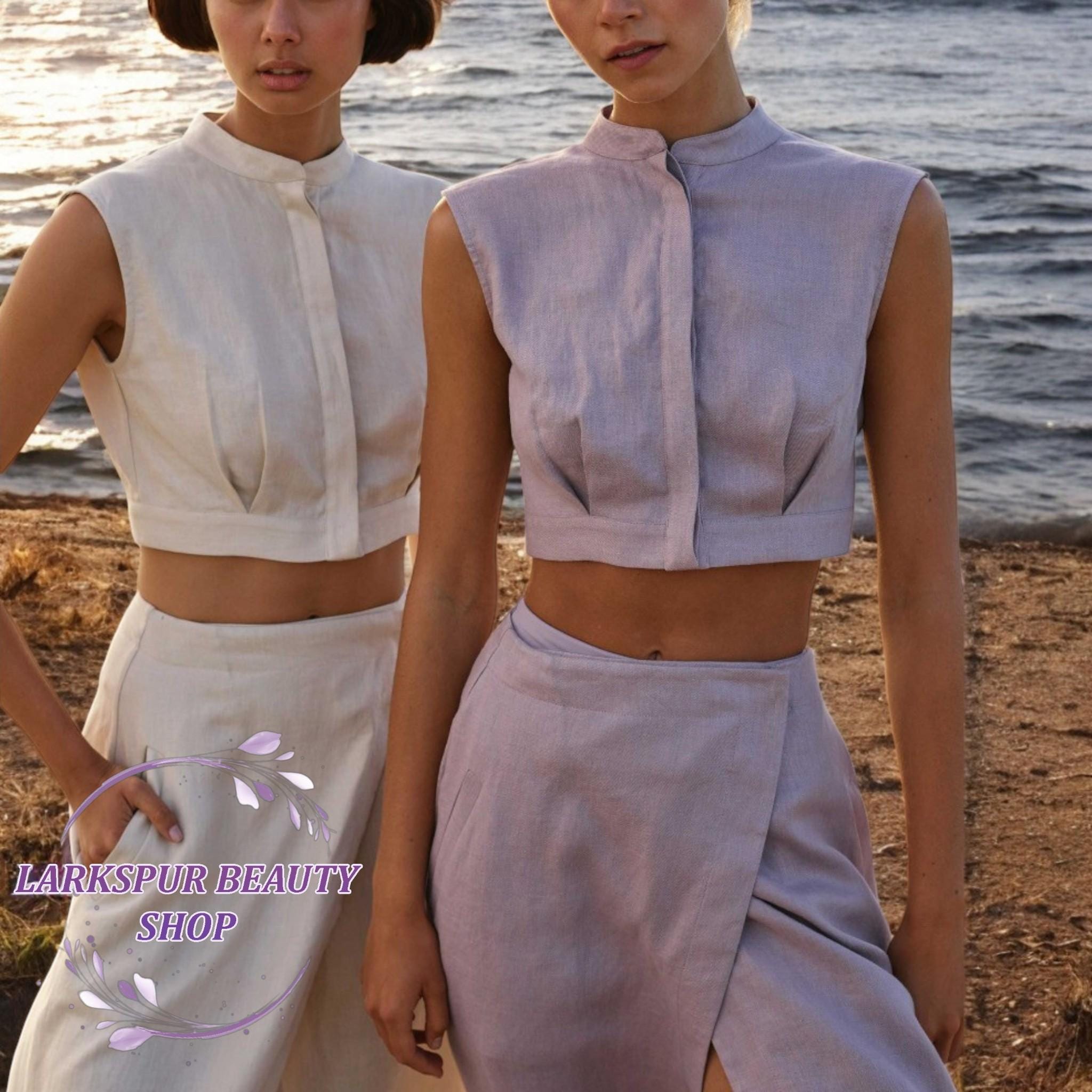 Linen Collar Sleeveless Cropped Shirt and Skirt Set, Linen Crop Top and Maxi Skirt, Linen Slit Skirt, Summer Set for Women, Tank Top,