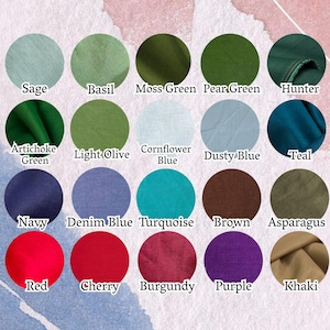 May include: A selection of fabric swatches in a range of colours. The palette includes sage, basil, moss green, pear green, hunter, artichoke green, light olive, cornflower blue, dusty blue, and teal. Other colours are navy, denim blue, turquoise, brown, asparagus, red, cherry, burgundy, purple, and khaki.
