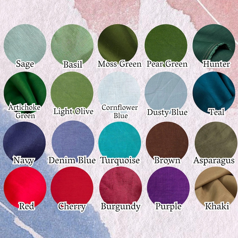 May include: A selection of fabric swatches in a range of colours. The palette includes sage, basil, moss green, pear green, hunter, artichoke green, light olive, cornflower blue, dusty blue, and teal. Other colours are navy, denim blue, turquoise, brown, asparagus, red, cherry, burgundy, purple, and khaki.