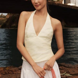 Linen Halter Neck Top, Deep V Neck Blouse, Basic Linen Top, Open Back Tank Top, Linen Summer Blouse, Summer Linen Top Women, Linen Tank Top