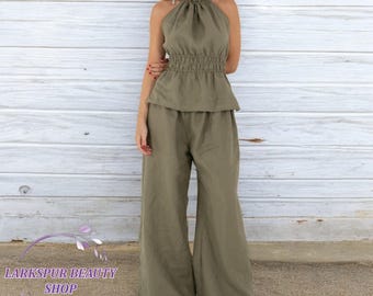Loose Linen Set, Summer Beach Top And Pants Set, Linen Halter Neck Top, Pants with Pockets, Sleeveless Top,  Summer Set, Linen Wide Pants