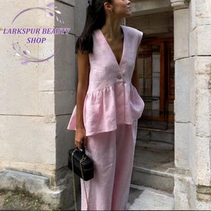 Haut à volants en lin et pantalon large, débardeur en lin, pantalon avec poches, ensemble ample en lin, haut ample sans manches à col en V, ensemble d'été en lin