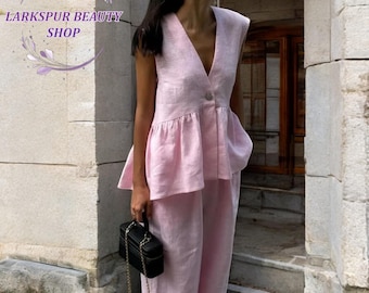 Linen Ruffles Top and Wide-leg Pants, Linen Tank Top, Pants with Pockets, Loose Linen Set, Sleeveless V-neck Loose Top, Linen Summer Set