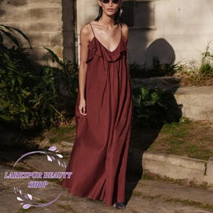 Linen Sleeveless Dress, Thin Straps Maxi Dress, Linen V Neck Dress, Ruffle Dress, Backless Dress, Linen Summer Dress, Linen Vacation Dress