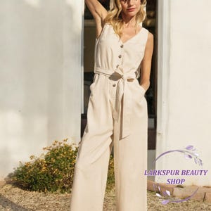 Linen Jumpsuit With Belt, Elegant Linen Jumpsuit, Romper with Pockets, Linen Sleeveless Playsuit, Natural Summer Overalls, Gifts for Her