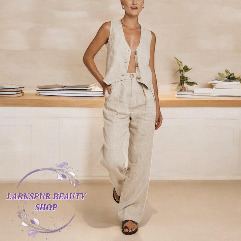May include: A beige linen vest and wide-leg trousers. The sleeveless vest features a V-neck and button fastening. The trousers have a high waist and a relaxed fit. The outfit is made of a lightweight, breathable fabric, suitable for warmer weather. The image includes the text "Larkspur Beauty Shop".