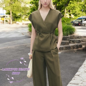 Linen V-neck Top and Wide-leg Pants, Linen Wrap Top, Pants with Pockets, Linen Pleated Trousers, V-neck Loose Top, Linen Summer Set