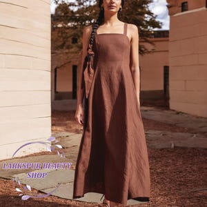 Linen Straps Midi Dress, Linen Dress with Pockets, Square Neck Dress, Linen Summer Dress, Casual Dress, Sleeveless Dress, Plus Size Dress