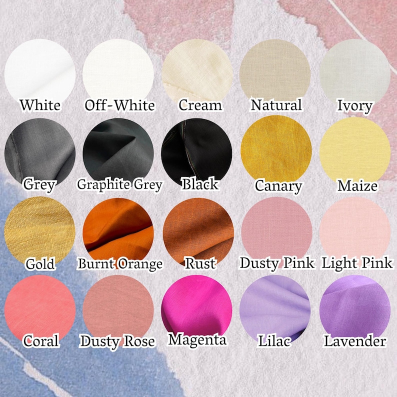 May include: A selection of fabric swatches in a range of colours. The palette includes white, off-white, cream, natural, ivory, grey, graphite grey, black, canary, maize, gold, burnt orange, rust, dusty pink, light pink, coral, dusty rose, magenta, lilac, and lavender.