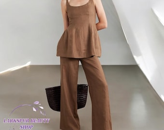 Casual Linen Top And Trousers Set, Thin Straps Top and Wide Leg Pants, Linen Sleeveless Top, Linen Elegant Set, Women Linen Suit Set