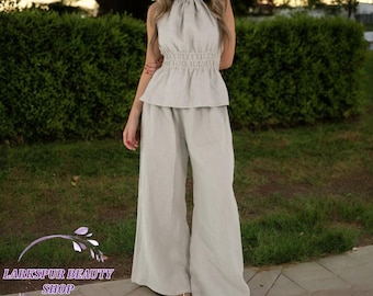 Linen Halter Neck Top and Pants Set, Loose Fit Linen Set, Linen Tank Top, Pants with Pockets, Sleeveless Top,  Summer Set, Linen Wide Pants