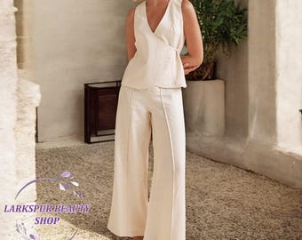Linen Vest and Wide Pants Set, Sleeveless Vest and Trouser, Women Linen Suit Set, Linen Formal Vest, Linen Summer Set, Elegant Two Piece Set