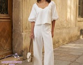 Linen Sweetheart Top and Flared Pants, Elegant Women Set, Linen Pants with Pockets, Puffed Sleeves Top, Linen Summer Set, Gifts for Her