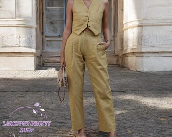 Leinen Weste und Hosen Set, Frauen Leinenanzug Set, Knopf Weste und Hose, Leinen Feierliche Weste, Sommer Set Frauen, Elegante Leinen Zweiteiler Set