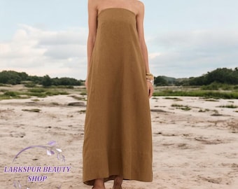 Strapless Midi Dress, Linen Dress with Pockets, Backless Dress, Linen Summer Dress, Linen Casual Dress, Sleeveless Dress, Plus Size Dress