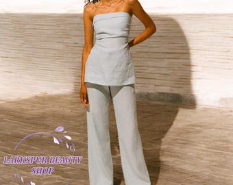 Linen Tunic Top and Straight Pants, Linen Pant with Pockets, Casual Linen Set, Women Summer Set, Minimalist Set, Elegant Linen Two Piece Set