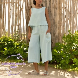 Linen Button-back Sleeveless Top, Linen Home Wear Set, Women Pajama Set, Linen Top and Shorts Set, Linen Sleepwear, Plus Size Pajama