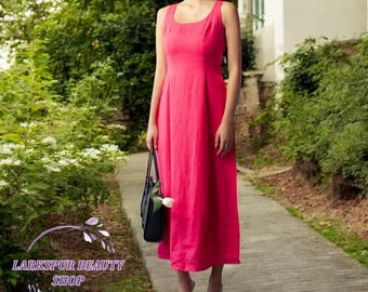 Abito in lino con scollo a barchetta, abito midi in lino, abito senza maniche, abito estivo in lino da donna, abito casual da damigella, abito quotidiano con tasca