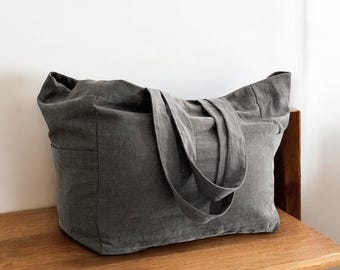 Linen Shopping Bag, Reusable Linen Tote Bag, Linen Travel Bag, Handmade Gift Idea,Linen tote bag, large market bag, linen beach bag