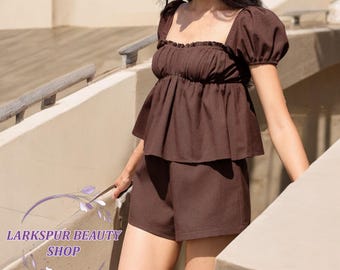 Linen Puffy Sleeves Top and Shorts, Linen Shorts Set, Ruffles Top, Casual Two Piece Set, Linen Summer Set, Daily Linen Set, Loose Blouse