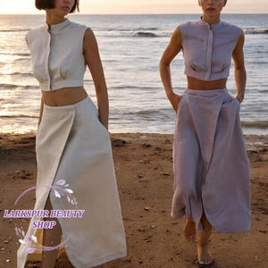 Linen Crop Top and Maxi Skirt, Linen Collar Sleeveless Cropped Shirt and Skirt Set, Linen Slit Skirt, Summer Set for Women, Linen Tank Top