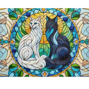 Stained Glass  Jigsaw Puzzle  Black cat and white cat  (500, 1000,2000-Piece)