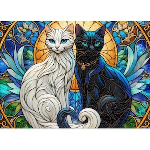 Stained Glass  Jigsaw Puzzle  Black cat and white cat（500, 1000,2000-Piece)  (puzzle mania gifts,Artistic puzzles,Puzzle Lovers)