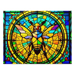 May include: A stained glass window depicting a bee with yellow, blue, green, and red accents. The bee is surrounded by a circular pattern of stained glass.
