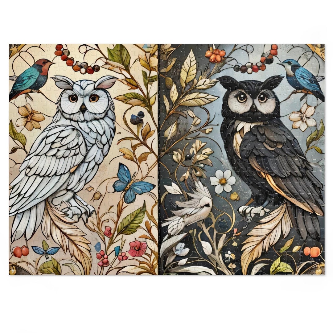 Stained Glass Jigsaw Puzzle black Owl and White Owl（500, 1000,2000 ...