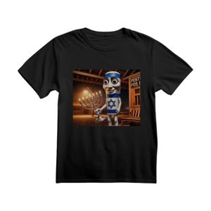 Może przedstawiać: Czarny t-shirt z postacią z kreskówki z motywem flagi Izraela, trzymającą menorę. Postać ma niebiesko-białe nakrycie głowy w paski i Gwiazdę Dawida na ciele. Tło przedstawia drewnianą konstrukcję.