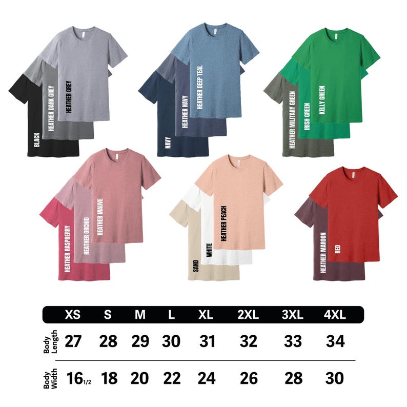 Peut inclure: Pr&eacute;sentation de t-shirts de diff&eacute;rentes couleurs, dont noir, gris, marine et rouge. Chaque chemise est affich&eacute;e avec son nom de couleur. Le tableau des tailles indique une longueur de corps de 68,5 &agrave; 86,4 cm et une largeur de 41,9 &agrave; 76,2 cm.