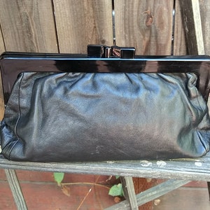 Vintage Black Leather Clutch: 1970s Italian Acrylic Frame Purse