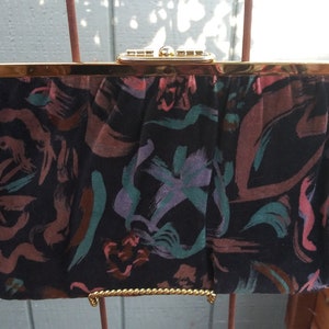 Vintage Abstract Print Velvet Clutch: 1970s-80s Goldtone Frame