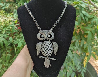 Vintage 1970s Pewter Owl Necklace: Articulated Spirit Animal