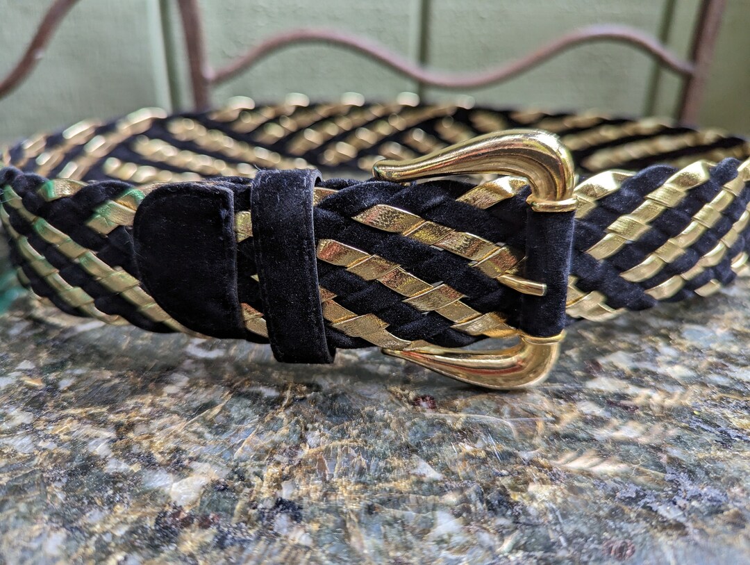 Black Velvet Gold Lame Belt Woven Belt Gold Black Belt Vintage Womens
