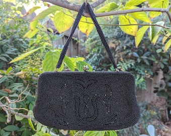 Vintage Black Beaded Handbag 50s 60s Made in Japan
