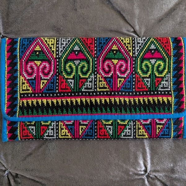 Bohemian Clutch Cross Stitch Small Clutch Wallet Folk Art Boho Hippie Bright Colors Vintage