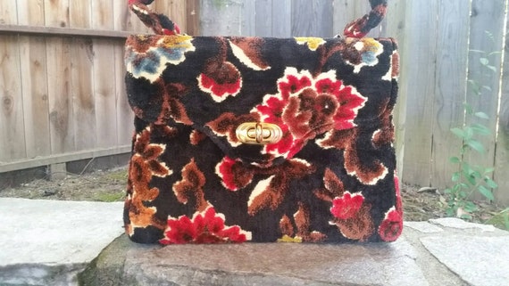 Vintage Carpet Tapestry Bag Purse Chenille 1960s Floral 