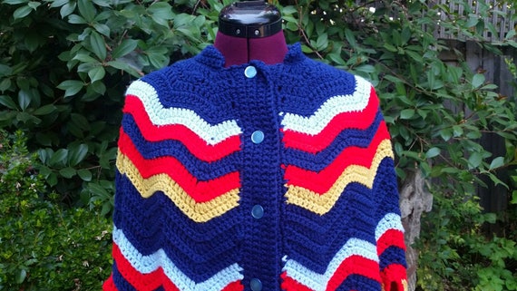 Vintage Poncho Chevron Poncho Crocheted Poncho Red