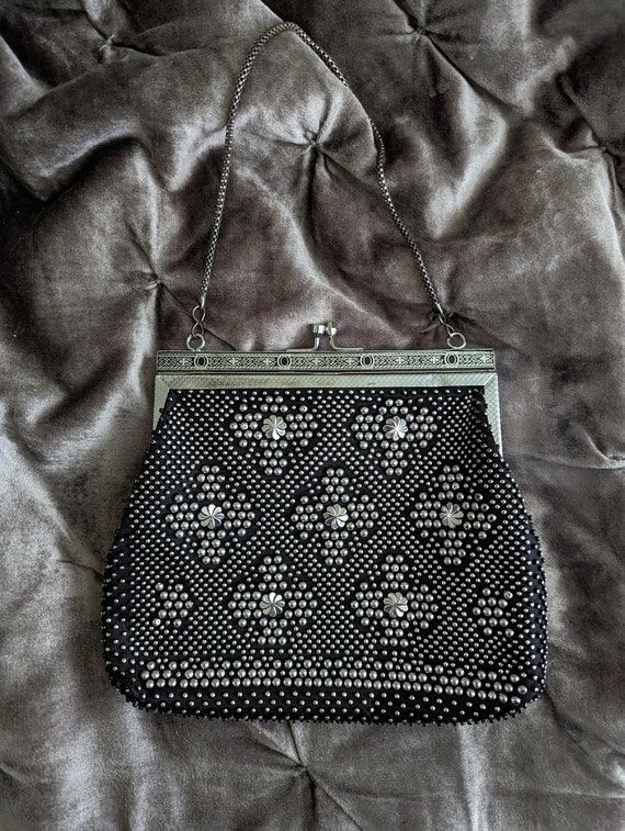 Black Silver Plastic Bead Handbag Vintage 1960s Ev