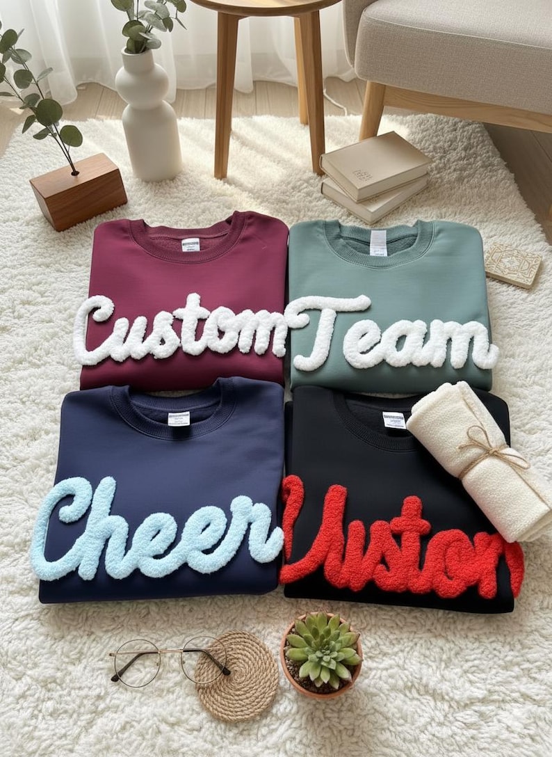 May include: Four crewneck sweatshirts in burgundy, sage green, navy blue, and black. Each sweatshirt has a fluffy, textured word on the front: "Custom", "Team", "Cheer", and "Custom". A rolled towel, glasses, and a small plant are also visible.