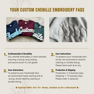 May include: Image showcasing custom chenille embroidery FAQs. Three t-shirts in navy, burgundy, and green with chenille text reading "Hawks", "Custom", and "Tails". A close-up of chenille embroidery is also shown. Text details craftsmanship, care, and production.