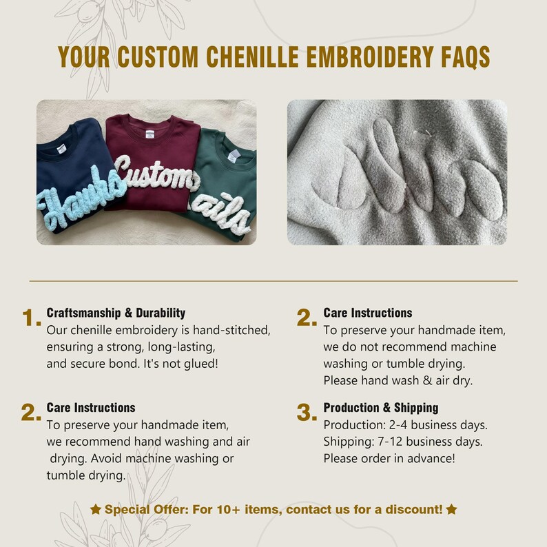 May include: Image showcasing custom chenille embroidery FAQs. Three t-shirts in navy, burgundy, and green with chenille text reading "Hawks", "Custom", and "Tails". A close-up of chenille embroidery is also shown. Text details craftsmanship, care, and production.