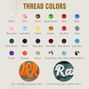 May include: A color chart titled "THREAD COLORS" displays various thread colors, including white, pink, camel, bright green, and red. The chart also shows examples of thin and thick chenille with text indicating sparkle effects.