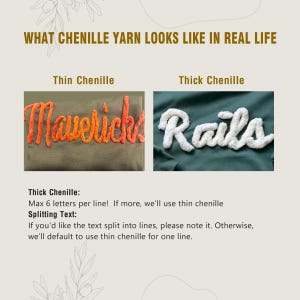 May include: Image comparing thin and thick chenille yarn. The words "Mavericks" and "Rails" are displayed in orange and white chenille yarn, respectively, on fabric backgrounds. Text explains chenille yarn options.