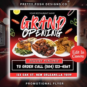 Puede incluir: Un folleto promocional rojo y negro para la gran inauguración de un restaurante. El folleto presenta una imagen de comida, el nombre del restaurante, la dirección, el número de teléfono y el texto "Entrega disponible".