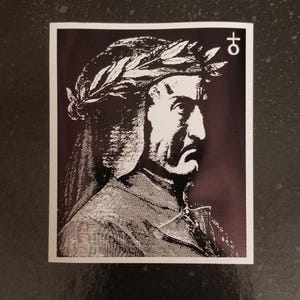 May include: Black and white illustration of a man wearing a laurel wreath and a robe. The image is on a black background with a white symbol of the planet Mars in the top right corner.