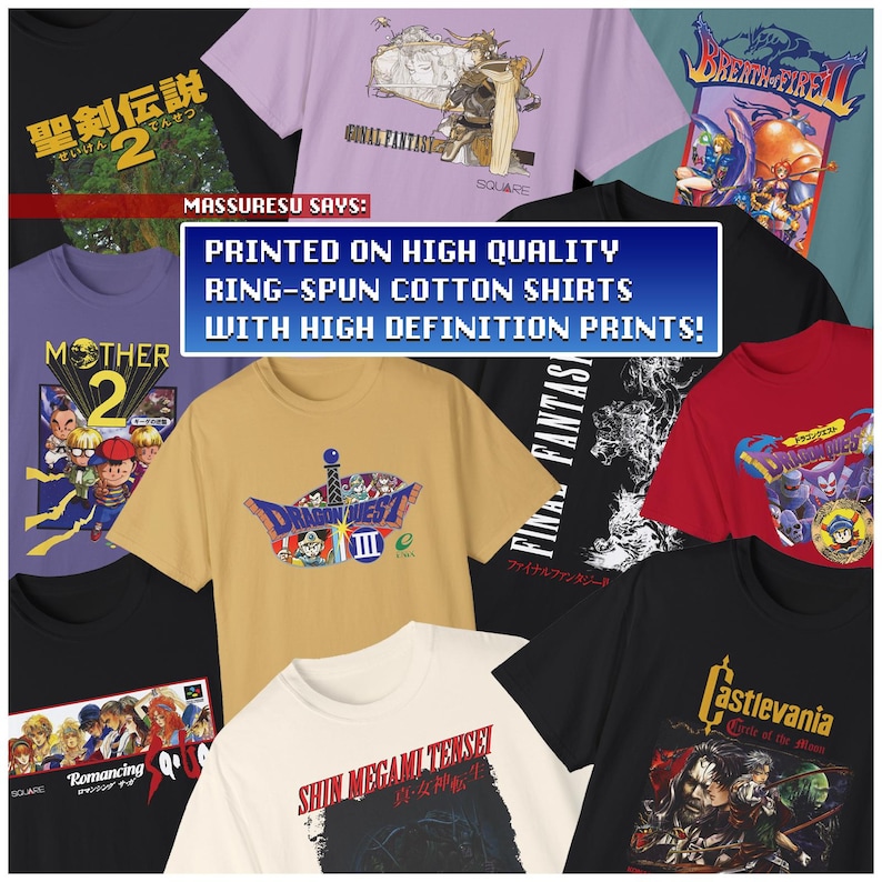 May include: A collection of graphic t-shirts featuring video game designs. The shirts are in various colors, including black, purple, and yellow. Text on the shirts includes "Final Fantasy", "Dragon Quest", and "Castlevania". The image also contains the text "Printed on High Quality Ring-Spun Cotton Shirts With High Definition Prints!"