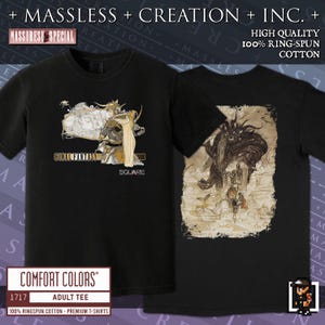 A black or charcoal grey Final Fantasy shirt printed on comfort colors 1717. It is a relaxed fit shirt with 100% ringspun cotton and custom high quality print. The print color is a vibrant sepia and gold. The Final Fantasy logo color is the classic tall font design with a large Warrior of Light and princess Sarah across the chest - the old school Square logo is underneath. The shirt is two sided. The full print on the back is the four Warriors of light fighting a Titan.